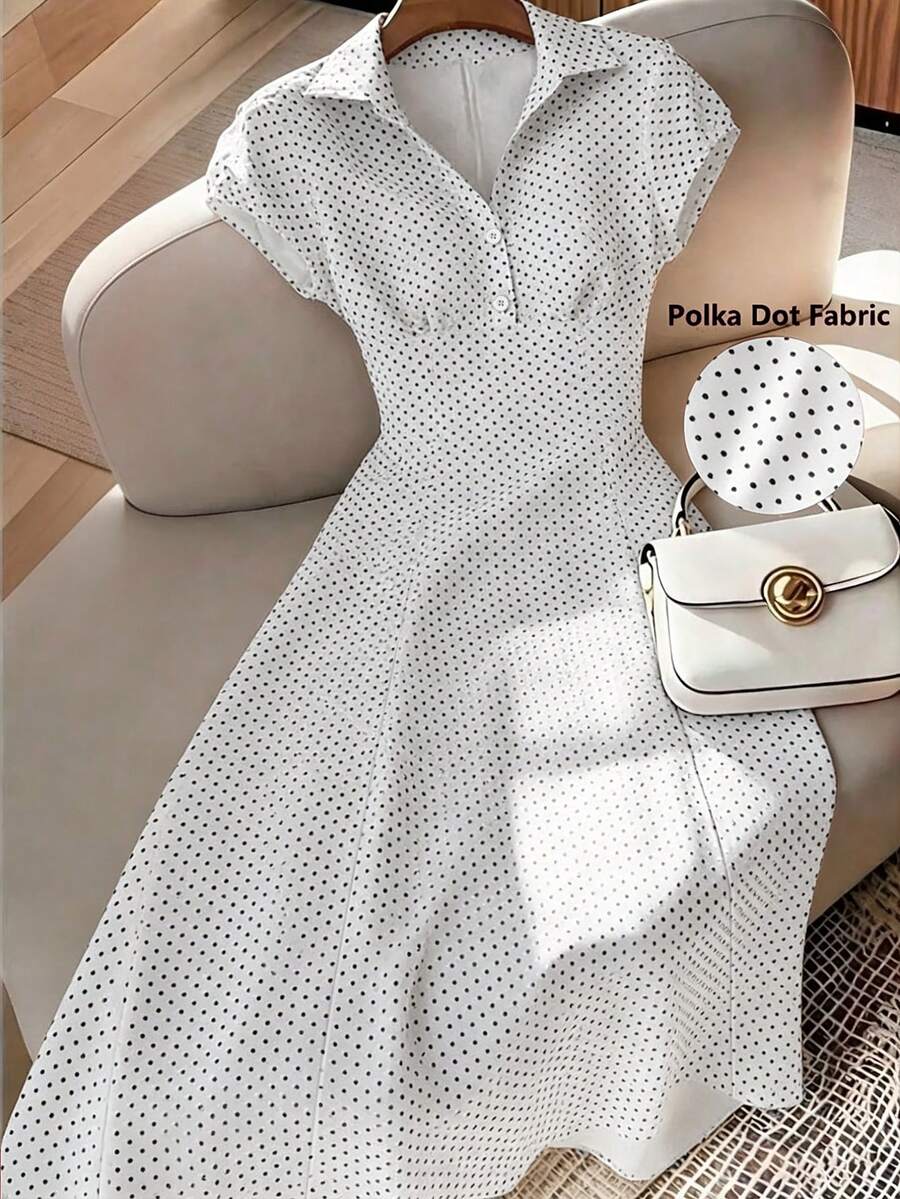 Franclia Đầm maxi dáng chữ A tay ngắn thanh lịch kiểu Pháp cổ điển dành cho nữ cỡ lớn, họa tiết chấm bi, cổ áo sơ mi, ôm eo, thích hợp cho kỳ nghỉ ở vùng quê Ý, đầm dự tiệc trà chiều mùa hè. - trắng - Xem 1