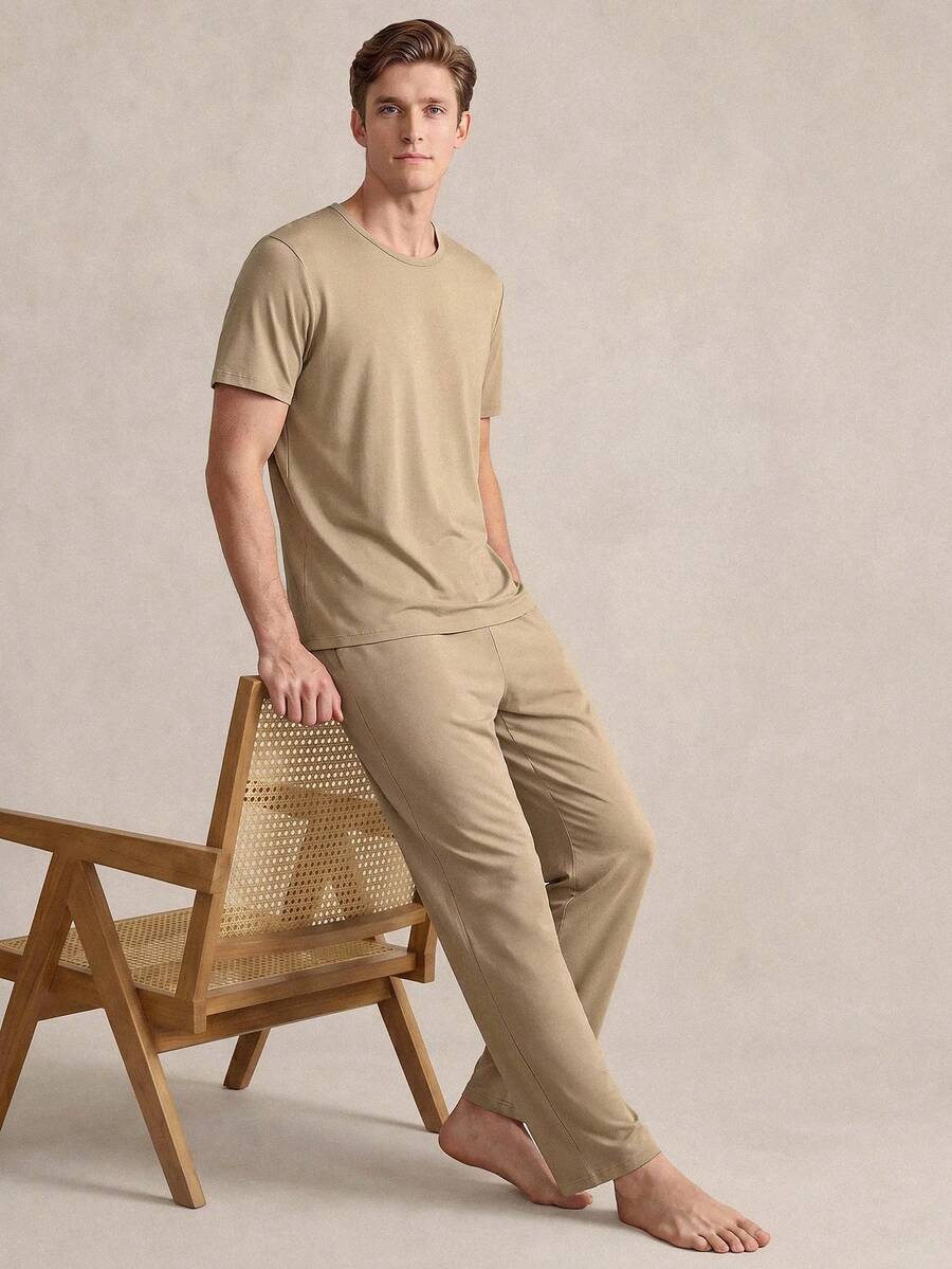 SHEIN Men's Simple Comfortable Solid Color Crew Neck Short Sleeve Top And Casual Long Pants Pajama Set - Khaki - View 1