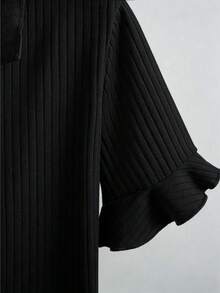 Franclia Spring/Summer New Button Decor Hem Slit Ruffle Hem Short Sleeve T-Shirt - Black - View 6