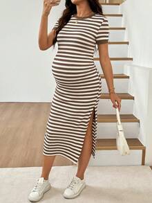 SHEIN Maternity Striped Round Neck Short Sleeve Side Slit Dress - Brown - View 7