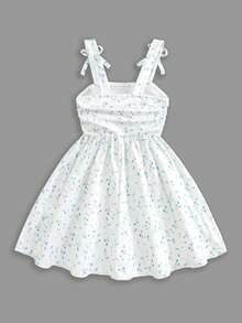 Elladie kids Đầm dệt kim không tay họa tiết hoa nhí mùa xuân/hè mới dành cho bé gái, điểm nhấn là nơ trang trí, kiểu dáng thoải mái, thanh lịch, phù hợp mặc hàng ngày, đi học, đi nghỉ mát, đi biển, dự tiệc. - trắng - Xem 2