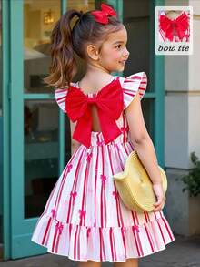 SHEIN Elladie kids 女童春夏休闲时尚新款连衣裙，后背蝴蝶结设计点缀，红色蝴蝶结条纹印花图案梭织面料，无袖修身A字连衣裙，面料柔软舒适，适合女孩穿着，可爱休闲，适合日常、上学、外出、度假等场合。 - 紅色 - 查看 4
