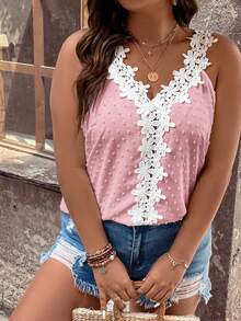Ceyna Top casual versátil de uso diario con patchwork de encaje para mujer talla grande - Rosa - Ver 4
