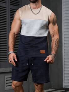 Manfinity CasualCool Men's Waffle Stripe Pattern Tank Top And Drawstring Waist Pocket Shorts Set, Holiday - Multicolor - View 5