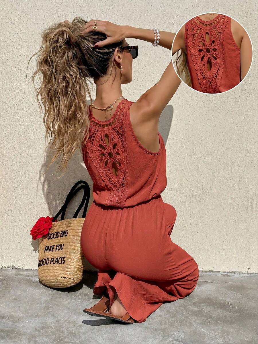 Serisse Women's Solid Color Sleeveless Casual Vacation Jumpsuit - Redwood - View 1