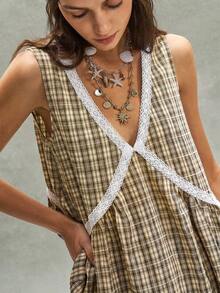 Bohemela Casual Woven Plaid V-Neck Mini Dress For Women - Yellow - View 6