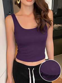 DAZY Minimalist Built-In Padded Backless Letter Graphic Decor Camisole Tank Top For Women, Summer - Purple - View 2