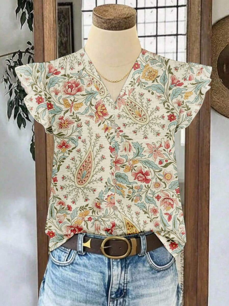 SHEIN LUNE 女款夏季休閒海灘度假風佩斯利印花V領荷葉邊袖口上衣 - 彩色 - 查看 1