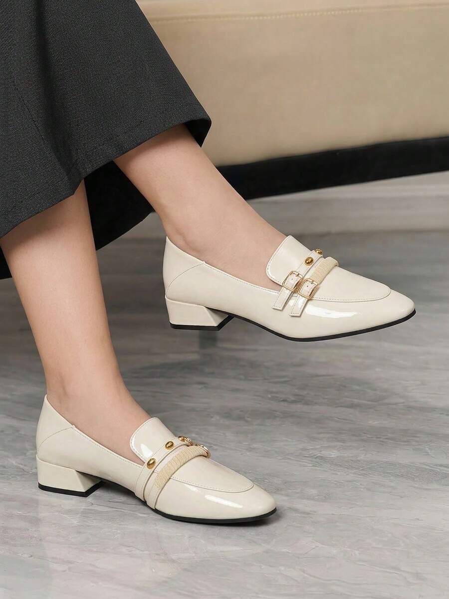 Sleekvia Women's Buckle Design Fashionable Daily Travel Casual Thick Heel Shoes - Off-white - View 1