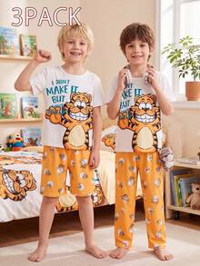 3pcs Boys Casual Cartoon Style Pajama Set, White Short Sleeve Top With Cute Yellow Cat Print, Matching Yellow Cat Print Shorts/Pants - Yellow - View 2