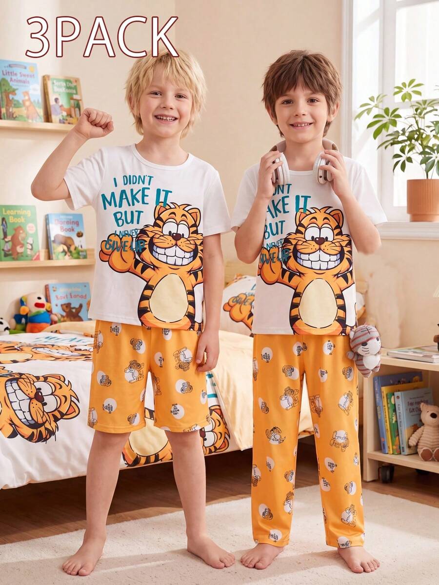 3pcs Boys Casual Cartoon Style Pajama Set, White Short Sleeve Top With Cute Yellow Cat Print, Matching Yellow Cat Print Shorts/Pants