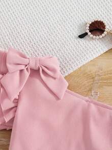 SHEIN Young Girl Solid Color Summer Short One-Shoulder Bow Decor T-Shirt - Pink - View 3
