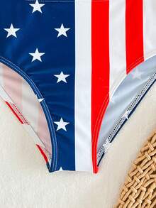 SHEIN Tween Girl Independence Day Casual And Comfortable National Flag Print Swimwear Set For Girls, With Bow Embellishment, Vacation Style, Suitable For Holidays - Multicolor - View 6