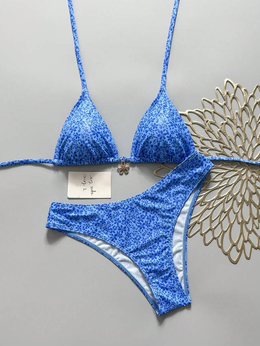 Swim Mod 2026 Spring/Summer Women's 2-Piece Swimsuit Set, Fashionable Fresh Sweet Pure Style, Slimming With Floral Decor, Suitable For Hot Spring Resort Bikini - Blue - View 1