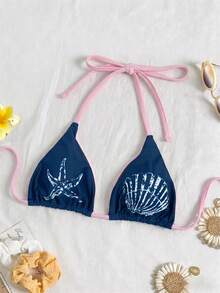 Elavelle Swim Mod 海洋印花三角比基尼，深藍色 & 淺粉色滾邊，性感掛脖綁帶泳衣，適合夏季 - 藏蓝色 - 查看 4