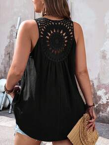 EMERY ROSE Plus Size Women's Lace Patchwork High-Low Tank Top - Black - View 6