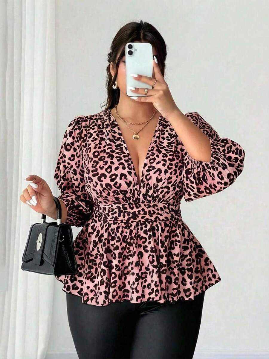 Elenzga Plus Size Women's Leopard Print V-Neck Casual Versatile Everyday Outing Shirt - Baby Pink - View 1