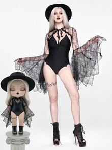 ROMWE Goth 哥特式蜘蛛网不对称喇叭袖系带上衣 - 黑色 - 查看 2