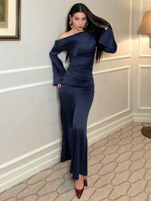 hhfernanda Elegant Satin Asymmetric Ruched Flare Sleeve Maxi Dress With Cinched Waist, Suitable For Valentine's Day ,Wedding Guest Dress Women - Navy Blue - View 1