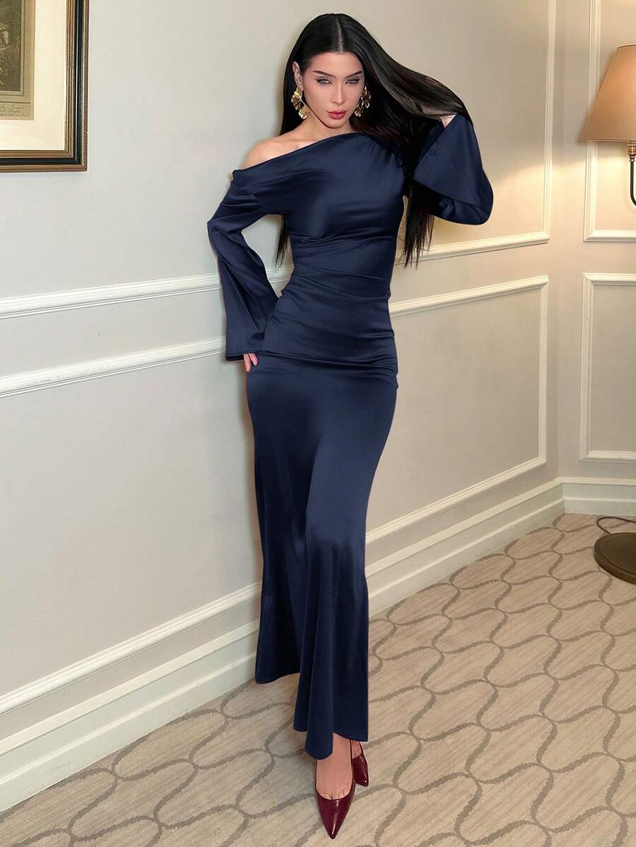 hhfernanda Elegant Satin Asymmetric Ruched Flare Sleeve Maxi Dress With Cinched Waist, Suitable For Valentine's Day ,Wedding Guest Dress Women - Navy Blue - View 1