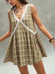 Bohemela Casual Woven Plaid V-Neck Mini Dress For Women - Yellow - View 5