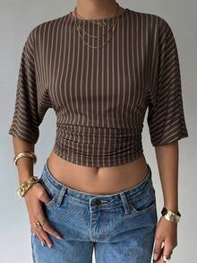 Aloruh Women's Brown Striped Print Round Neck Batwing Sleeve Ruched Design Cropped Fashionable Top - Brown - View 3