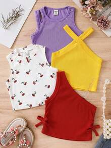 4pcs Young Girl Solid Color Heart Pattern Knit Vest Set - Multicolor - View 3