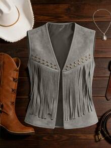 GlowEve Women's Suede Fringe Decor Rivet Nomad Style Vacation Daily Casual Pastoral Commute Fashion French Versatile Holiday Business Beige Early Spring/Spring Summer Sleeveless Jacket Coat Cardigan - Grey - View 1