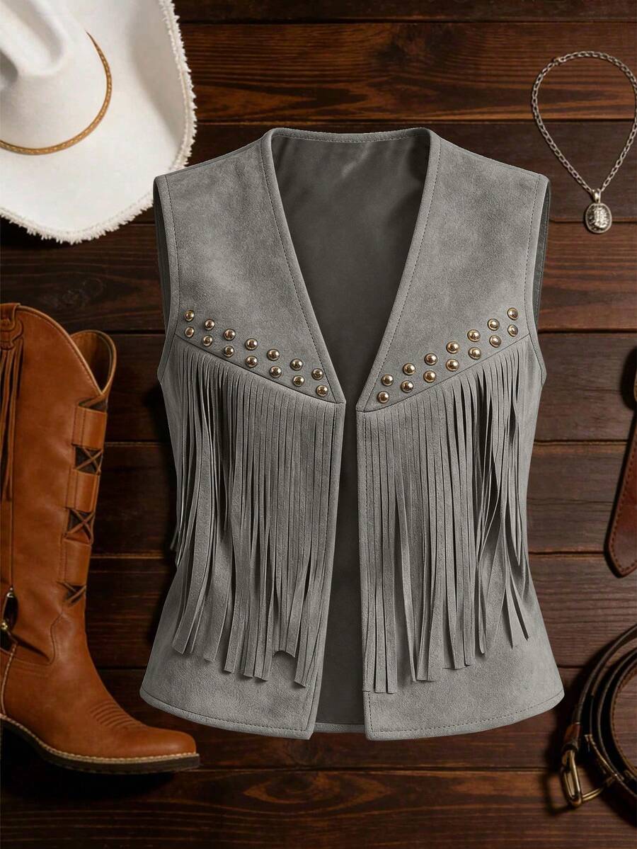 GlowEve Women's Suede Fringe Decor Rivet Nomad Style Vacation Daily Casual Pastoral Commute Fashion French Versatile Holiday Business Beige Early Spring/Spring Summer Sleeveless Jacket Coat Cardigan - Grey - View 1