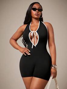 Radiana Curve Backless Black And White Halter Neck Hollow Out Bandage Bodysuit For Beach Concert Vacation Summer Sexy - Black and White - View 4