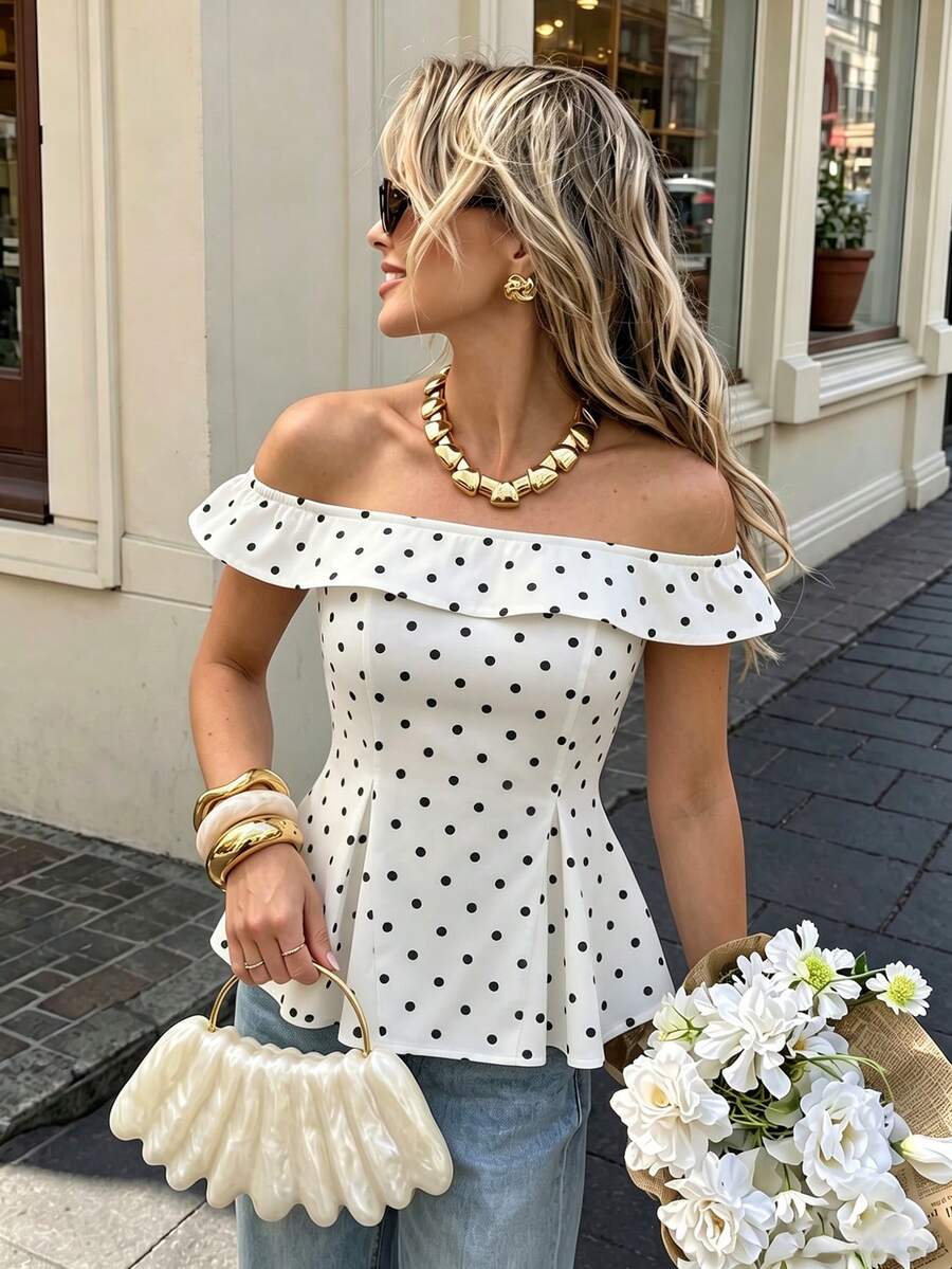 Yunfilé Women's Off Shoulder Polka Dot Blouse, Minimalist Elegant Design, Suitable For Dates Holiday, Travel, And Photo Shoots, Spring/Summer - Apricot - View 1