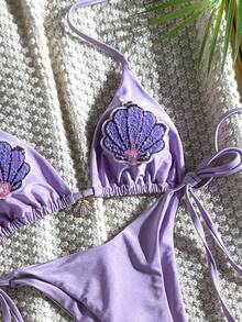 SHEIN Swim Mod-D 2件組 春夏度假純色亮面亮片貝殼裝飾前中貝殼裝飾三角杯胸罩與側綁比基尼褲性感比基尼套裝 - 淡紫色 - 查看 1
