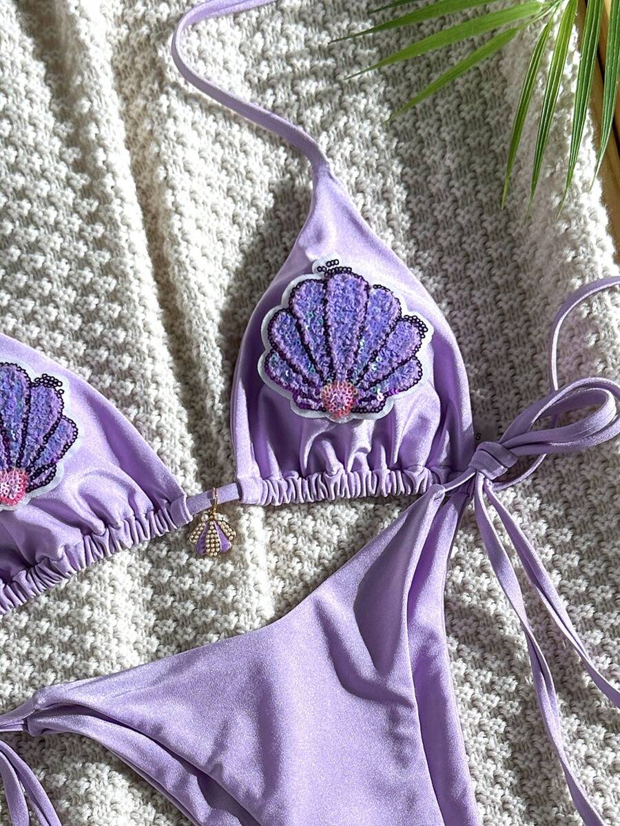 SHEIN Swim Mod-D 2件組 春夏度假純色亮面亮片貝殼裝飾前中貝殼裝飾三角杯胸罩與側綁比基尼褲性感比基尼套裝 - 淡紫色 - 查看 1