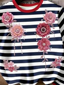 Divinelle Casual Minimalist Faux Craft Blue & Red Placement Print Round Neck Loose Short Sleeve T-Shirt For Women, Suitable For Spring/Summer - Multicolor - View 8