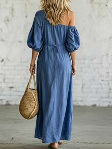 SHEIN Holidaya 女士纯色露肩休闲斜插口袋短袖连衣裙 - 藍色 - 查看 3