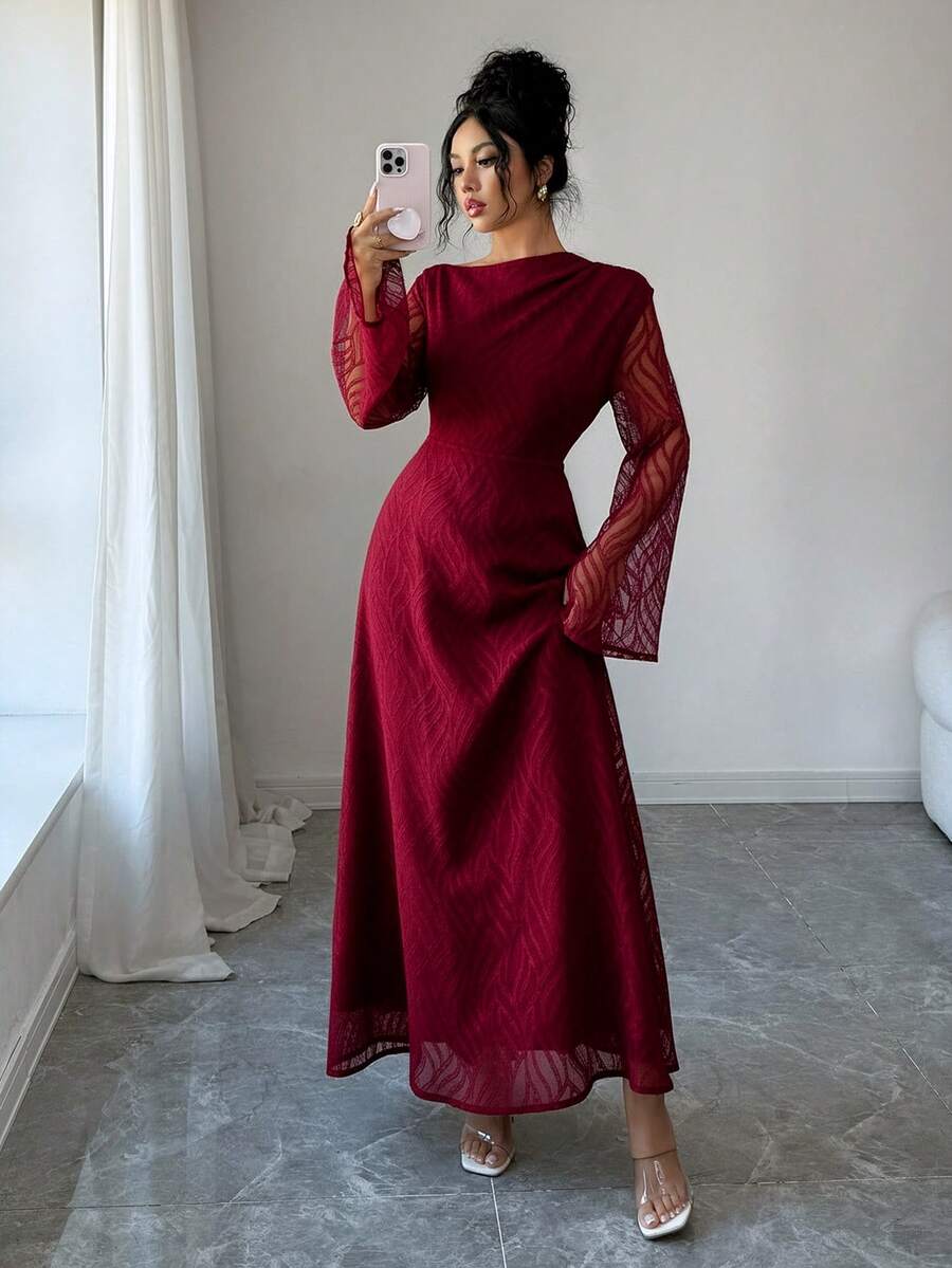 Modelyn Gaun Musim Semi/Gugur Elegan Gaya Liburan Elegan Warna Polos Kain Bertekstur Lengan Mengembang dengan Ikat Pinggang - Burgundy - View 1