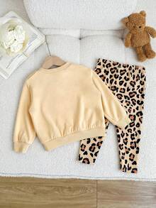 SHEIN 2pcs Baby Girl Solid Color Loose Fit Crew Neck Sweatshirt And Leopard Print Pants Set - Multicolor - View 2