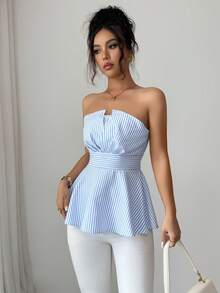 SHEIN Raffinéa Striped Elegant Sleeveless Tube Top, Pleated Neckline Detail, Suitable For Women's Birthday Outfit, Women's Blouse, Formal Elegant Top, Suitable For Women's Wedding, Latest Women's Apparel - Blue - View 6