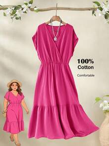 Rusticease Plus Size Women's Casual Vacation Short Sleeve Solid Color Rose Pink Mid-Length Dress, Comfortable & Relaxed,Summer - Hot Pink - View 1