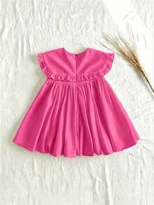 SHEIN Young Girls/Young Girl Solid Color Ruffled Collar Sleeveless Waist Dress - Hot Pink - View 3