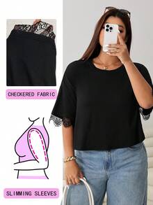 Solflare Kaos Wanita Ukuran Besar Warna Polos Leher Bulat Lengan Pendek Hitam Elegan untuk Kencan Malam Musim Panas - Hitam - View 1