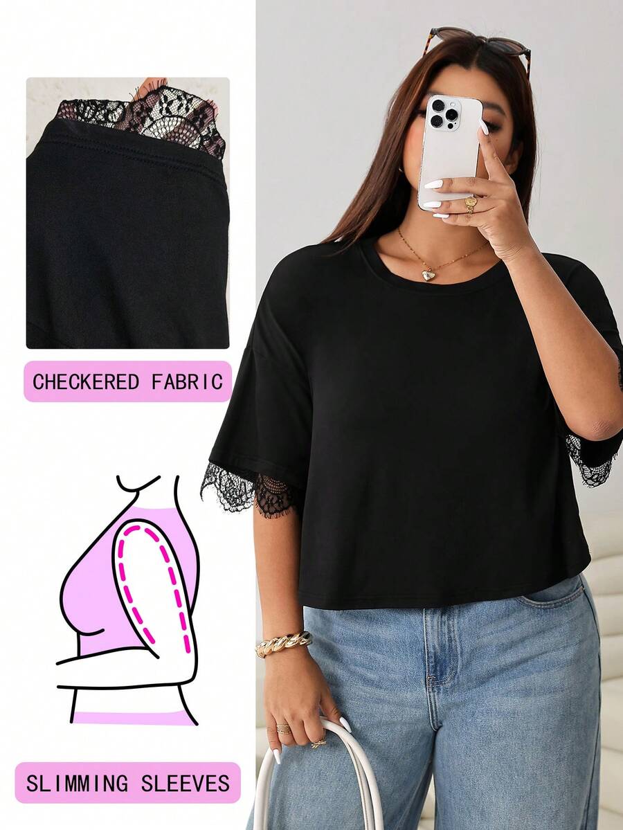 Solflare Kaos Wanita Ukuran Besar Warna Polos Leher Bulat Lengan Pendek Hitam Elegan untuk Kencan Malam Musim Panas - Hitam - View 1