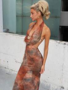 Sydney Algeri Knitted Mesh Printed Women's Dress, Halloween Costume, Christmas, New Year, Thanksgiving Outfits, Sexy Club Outfits Vacation Summer Party - Khaki - View 6