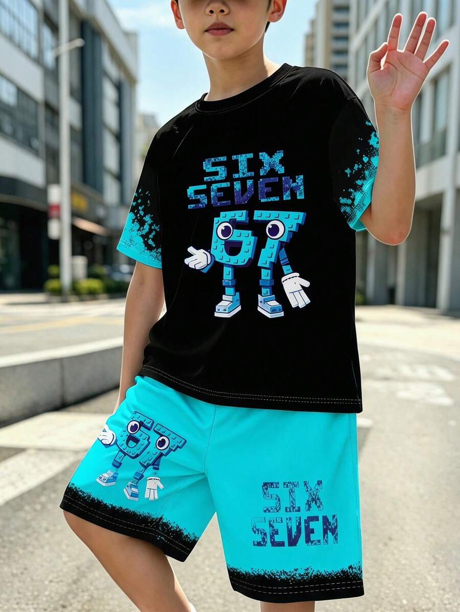 男童两件套,酷炫67号吉祥物图案短袖圆领T恤搭配蓝绿色撞色休闲短裤,街头风,适合日常玩耍、运动、上学、夏季户外活动以及打造嘻哈风格造型。 - 彩色 - 查看 1