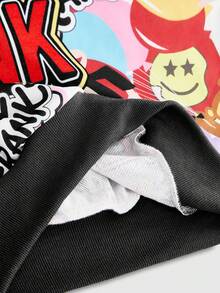 Paul Frank X ROMWE Plus Size Women's Casual Fashion Street Chic Graffiti Cartoon Print Zip-Up Drawstring Hooded Loose Sweatshirt, Spring/Autumn - Black - View 5