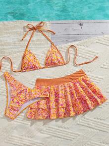 Swim Mod Women's Beach Vacation Music Festival Spring/Summer Floral Stripe Printed Ruffled Halter Neck Backless Cute Flowy Bikini 3-Piece Set White Floral Sexy - Multicolor - View 6