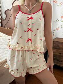 CottageSlumber Bow Decor Cherry Striped Print Camisole & Shorts Pajama Set - Yellow - View 1