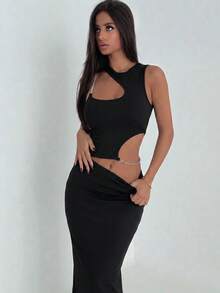 Ronhire Chain Detail Asymmetrical Crop Top Black Summer - Black - View 3