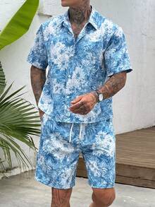 DAZY 男士花卉印花短袖上衣與短褲海灘套裝 度假夏季穿搭 - 藍色 - 查看 4
