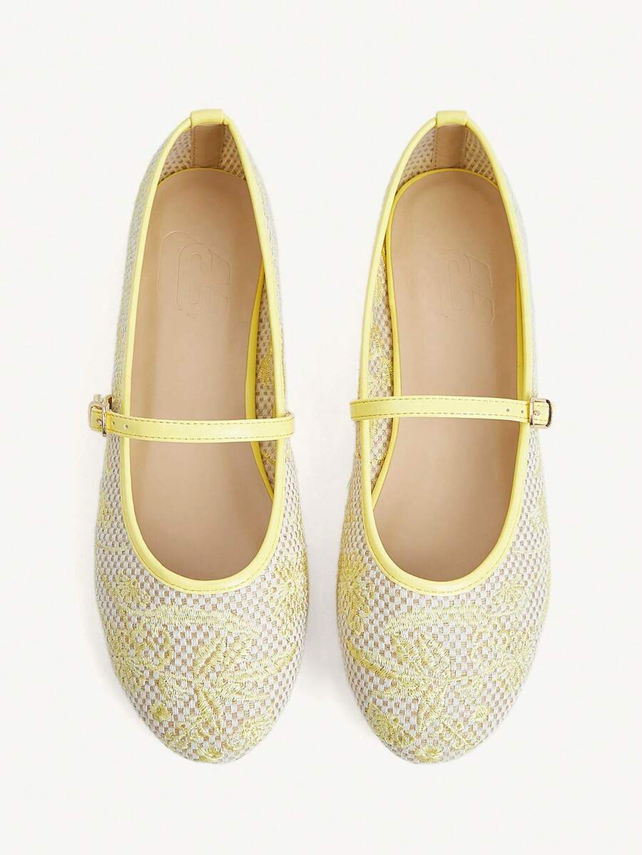 CUCCOO CHICEST 女款黃色PU刺繡時尚度假沙灘優雅平底鞋 - 芥末黃 - 查看 1